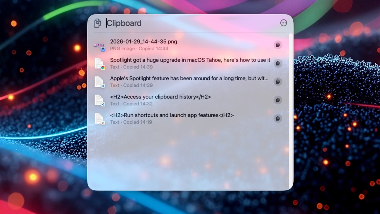 Clipboard manager window on a computer screen with a list of recently copied items, including a PNG file, web article snippets and HTML text, on a colorful abstract neon background