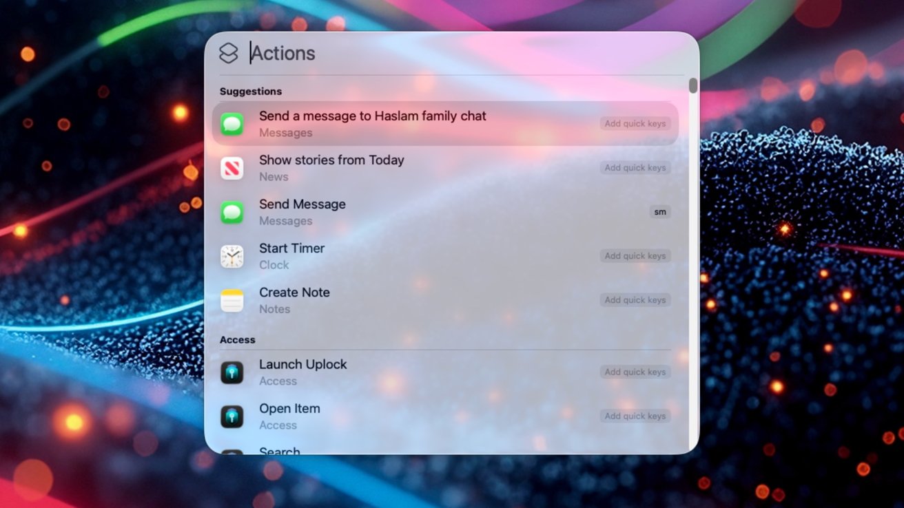 Mac-style Actions panel with a list of suggested tasks such as sending messages, reading messages, starting a timer and creating notes, hovering over a colorful abstract background with neon light bars and dots