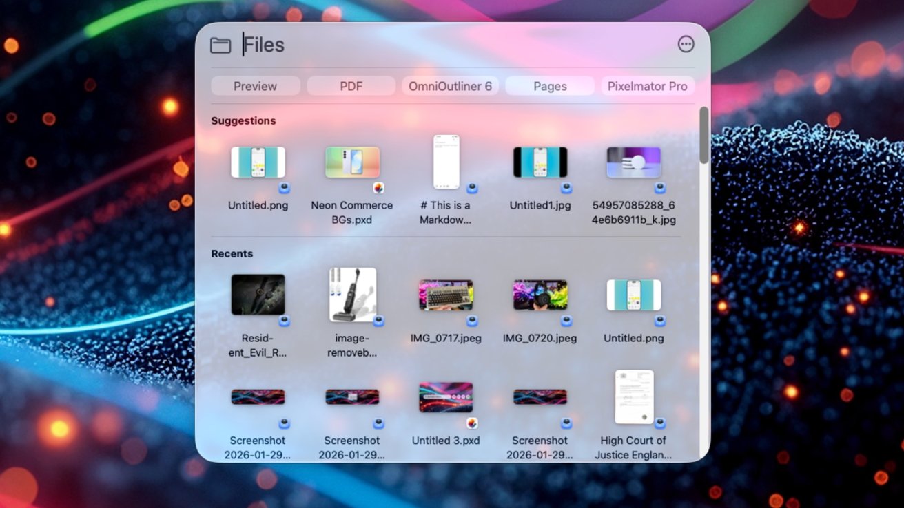 A screenshot of a Mac computer showing a file picker window with thumbnails of recent documents and screenshots over a colorful abstract neon background with glowing dots and curved light bars
