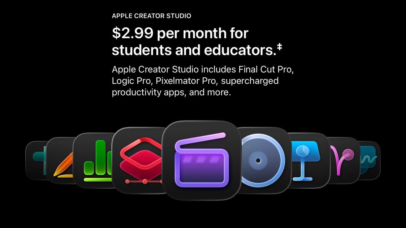 Apple Creator Studio promotion: $2.99 per month for students and educators, featuring Final Cut Pro, Logic Pro, Pixelmator Pro, productivity apps, with colorful app icons on a black background
