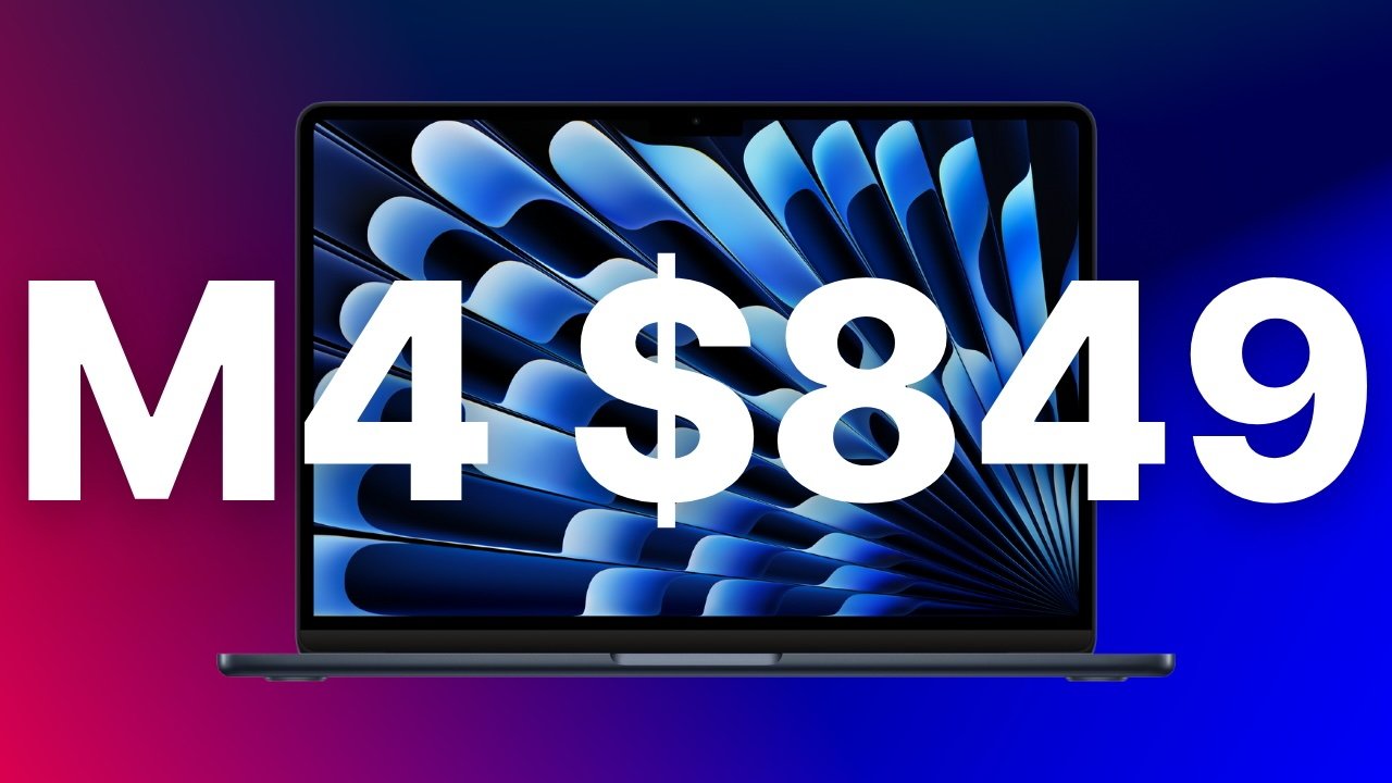 Open 13-inch MacBook Air laptop with blue abstract screen pattern on a red-to-blue gradient background, overlaid large white text reading M4 $849.