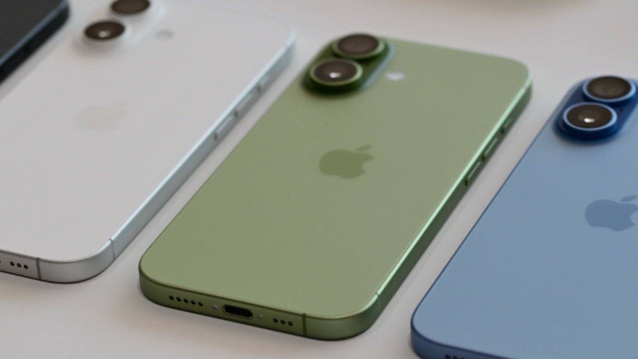 Three modern iPhones lying flat on a surface, showing backs in white, light green, and light blue, each with dual rear cameras and the Apple logo centered