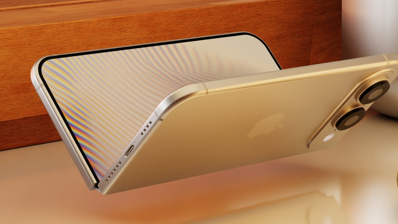 Gold foldable smartphone half-open on a desk, showing a large curved screen with subtle rainbow ripples, dual rear cameras, and wooden background with soft warm lighting