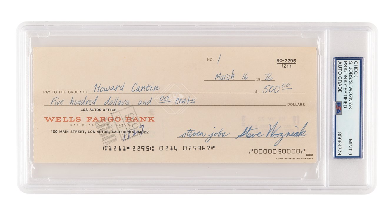 Beige Wells Fargo Bank check dated March 16, 1976, payable to Howard Cantin for 500 dollars, bearing two blue ink signatures, encapsulated in a clear plastic PSA-certified holder