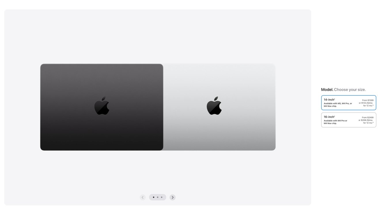 Two MacBook Pros side by side, one dark gray and one silver, lids closed showing Apple logos, with text on the right offering 14inch or 16inch model choices and pricing