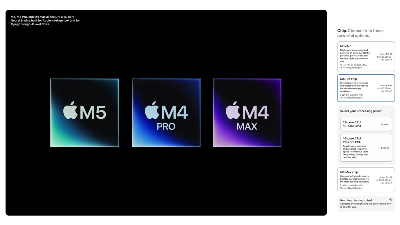 Three glowing Apple silicon chip icons labeled M5, M4 Pro, and M4 Max on a black background, with a sidebar listing chip descriptions, processing power options, and prices