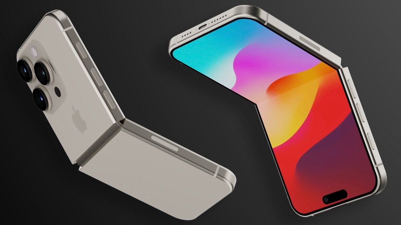 Two silver foldable smartphones, one partly open showing a bright multicolor screen, the other folded backside out with triple camera lenses, floating against a dark background
