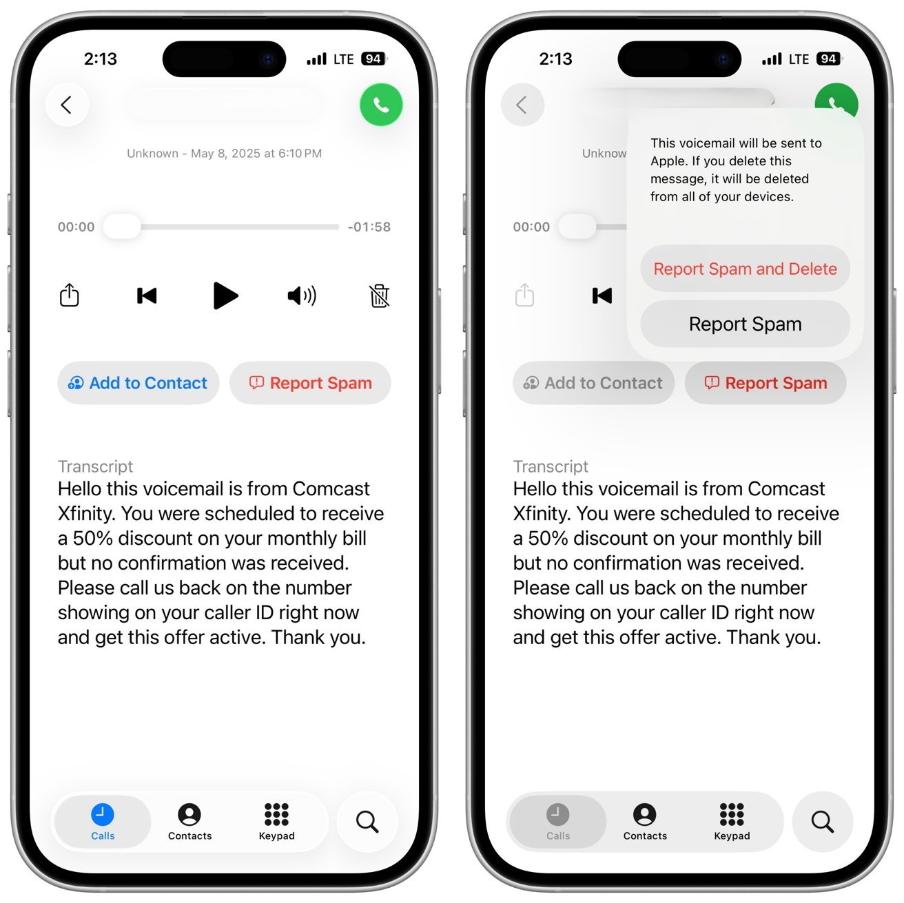 Two iPhones display a Comcast Xfinity voicemail transcript with options to add caller to contacts or report spam; the right phone shows a confirmation prompt to report spam and delete.