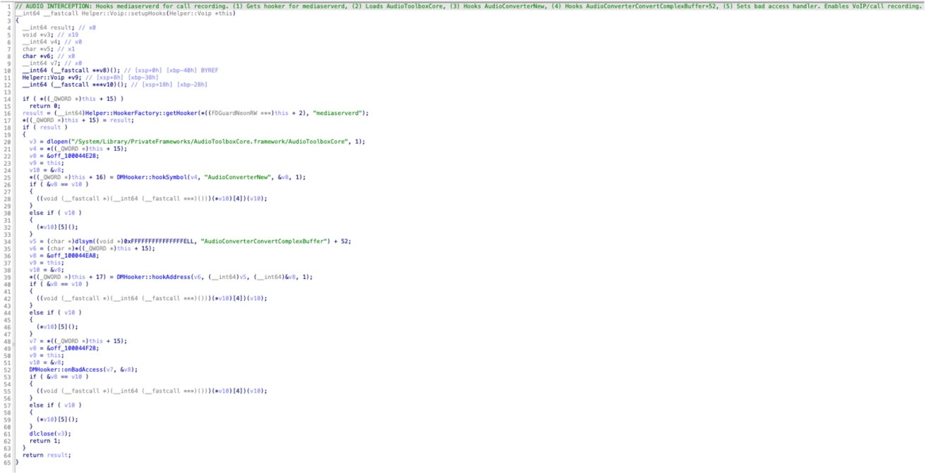 A screenshot of the C-style source code in a text editor, showing a function called Helper::Voip::setUpHooks with comments about listening to audio, connecting to a media server, and enabling VoIP call recording