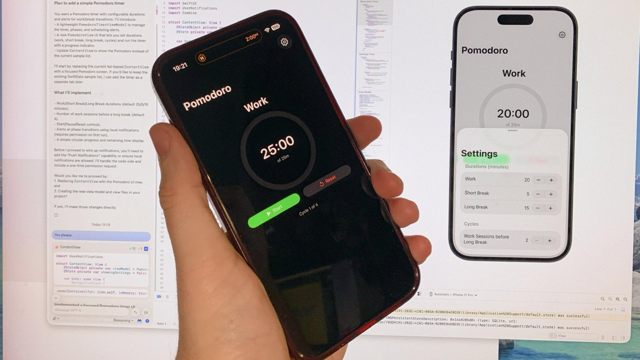 Hand holding a smartphone showing a dark Pomodoro timer app, with a large 25-minute countdown, in front of a computer screen displaying the app's light-mode design and surrounding code.