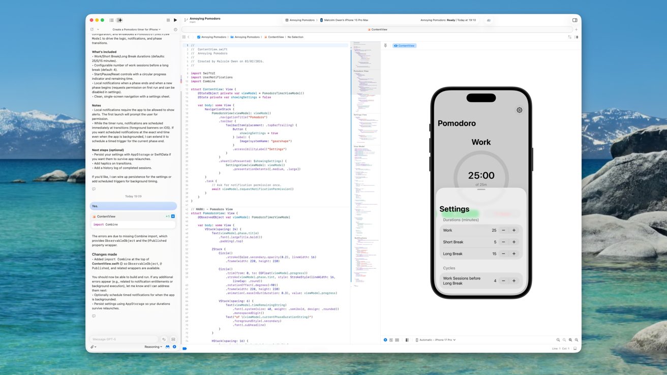 Mac desktop showing Xcode with Swift code and a preview of the Pomodoro app for iPhone over a clear blue lake and distant snowy mountains wallpaper