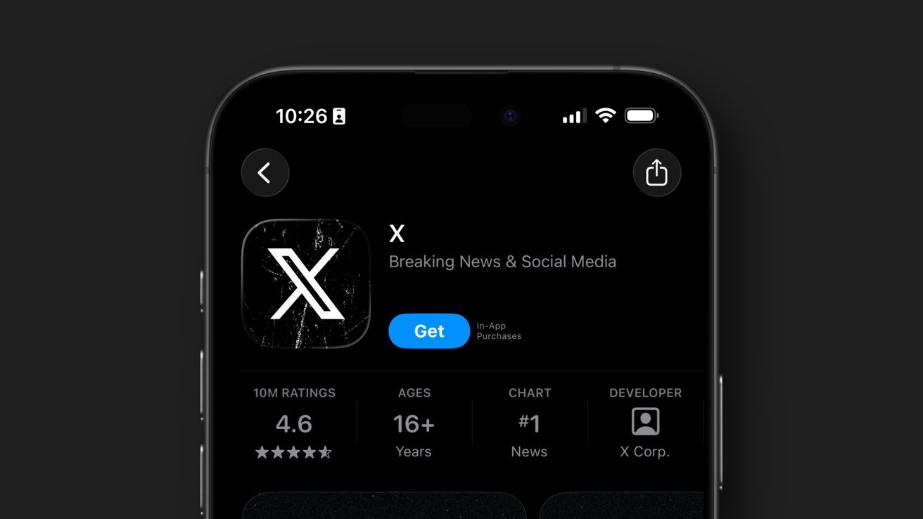 Close-up of an iPhone App Store screen showing the X app listing with black logo, Get button, 4.6-star rating, ages 16 plus, and top chart position in news