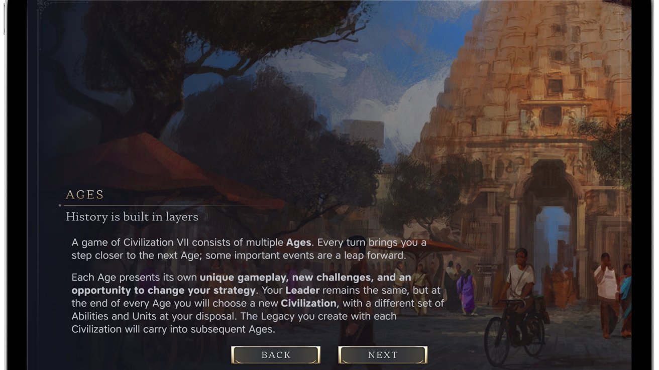 Civilization VII Ages screen, with explanatory text on the left and a painted ancient temple scene on the right, showing villagers walking and a person riding a bicycle.