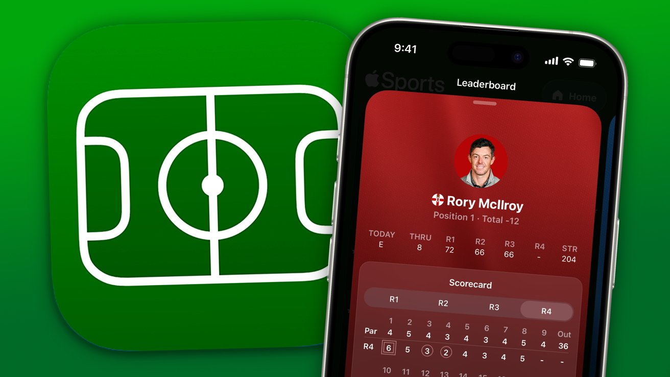 Apple Sports app icon with a white sports field on green background beside an iPhone screen showing a red leaderboard for golfer Rory McIlroy with detailed scorecard and stats