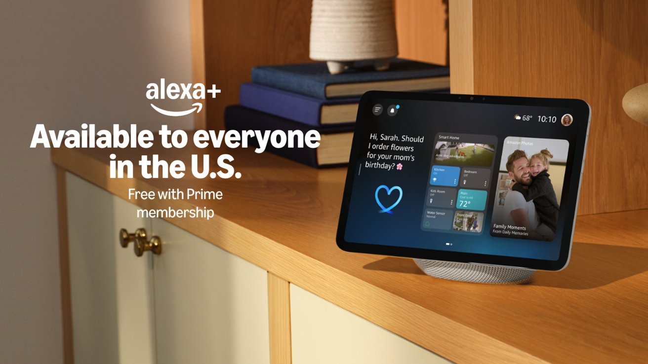 Tablet-style Alexa device on a wooden shelf displaying smart home controls and family photos, with large text advertising Alexa Plus availability in the U.S., free with Amazon Prime membership
