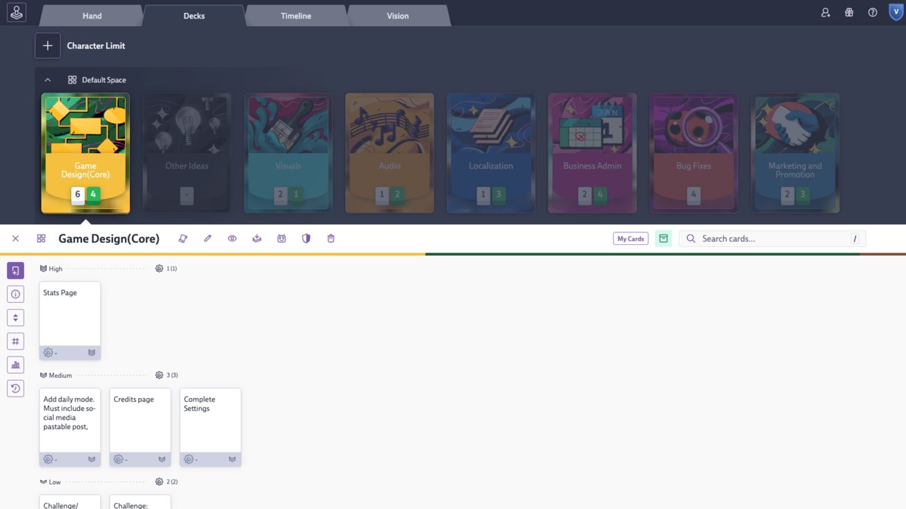 A project management dashboard with colored category cards at the top and a Kanban-style board below with a list of game design tasks grouped by priority levels such as High, Medium, and Low.