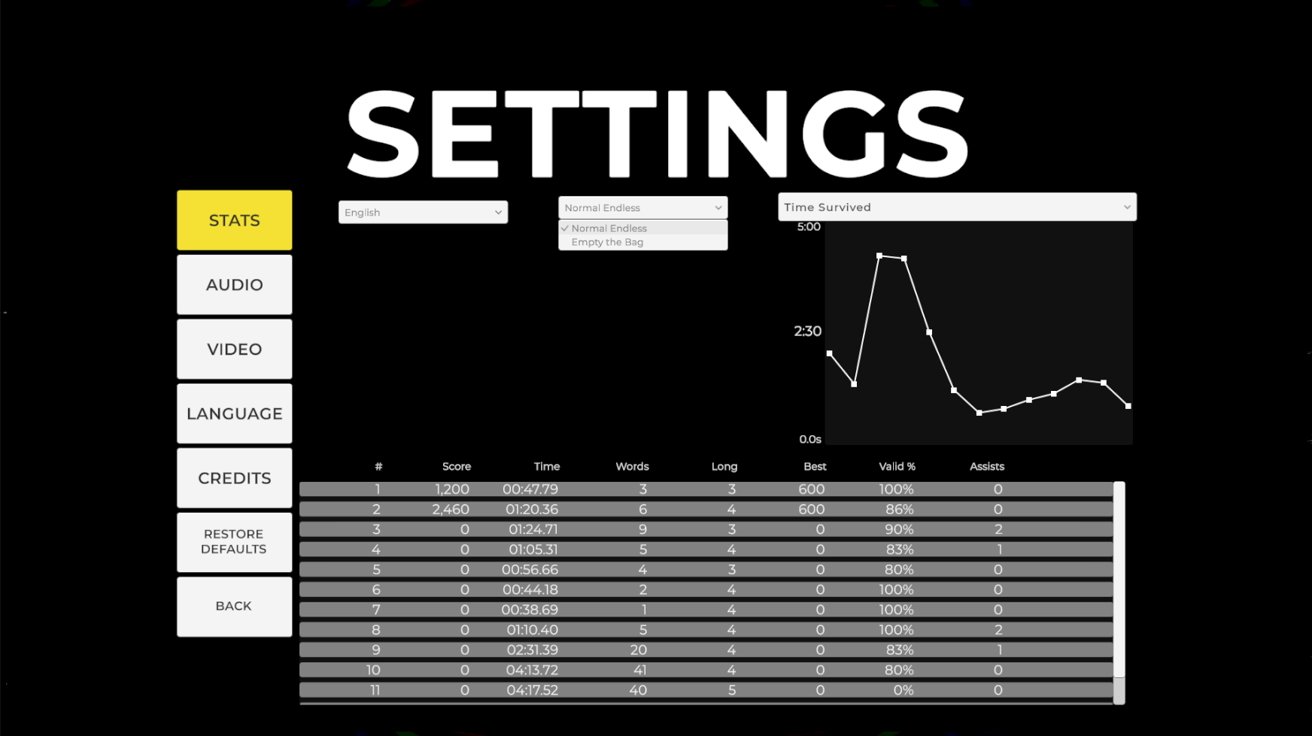 Game settings screen with sidebar menu, language and mode drop-down menus, a line graph labeled Survival Time, and a detailed statistics table showing scores, times, word counts, accuracy, and assists