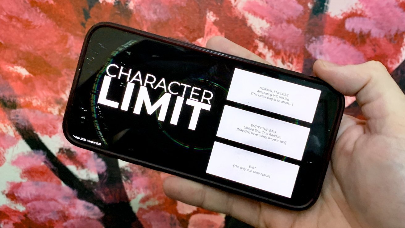 Hand holding a smartphone displaying a game menu titled CHARACTER LIMIT, with three white rectangular buttons for different modes, against a colorful red and pink abstract background