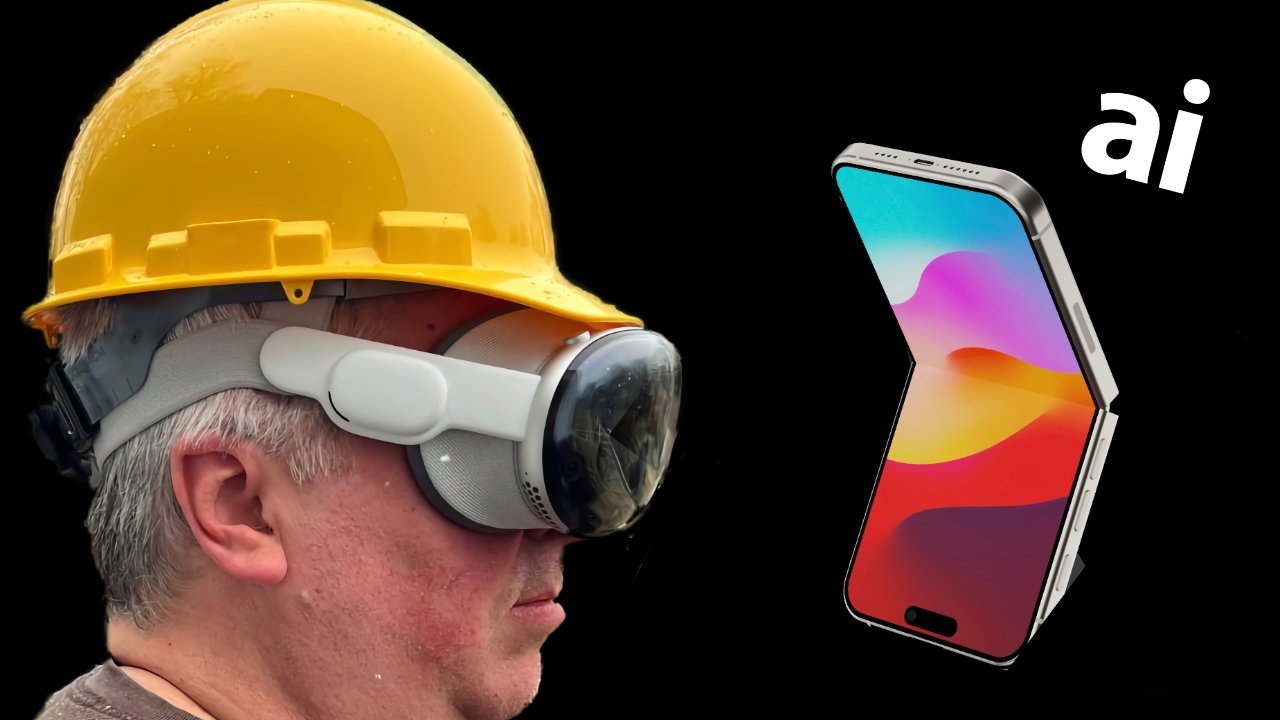 Side view of person wearing a yellow construction hard hat over a bulky VR headset, facing a folding smartphone with colorful screen on black background, with white letters ai nearby
