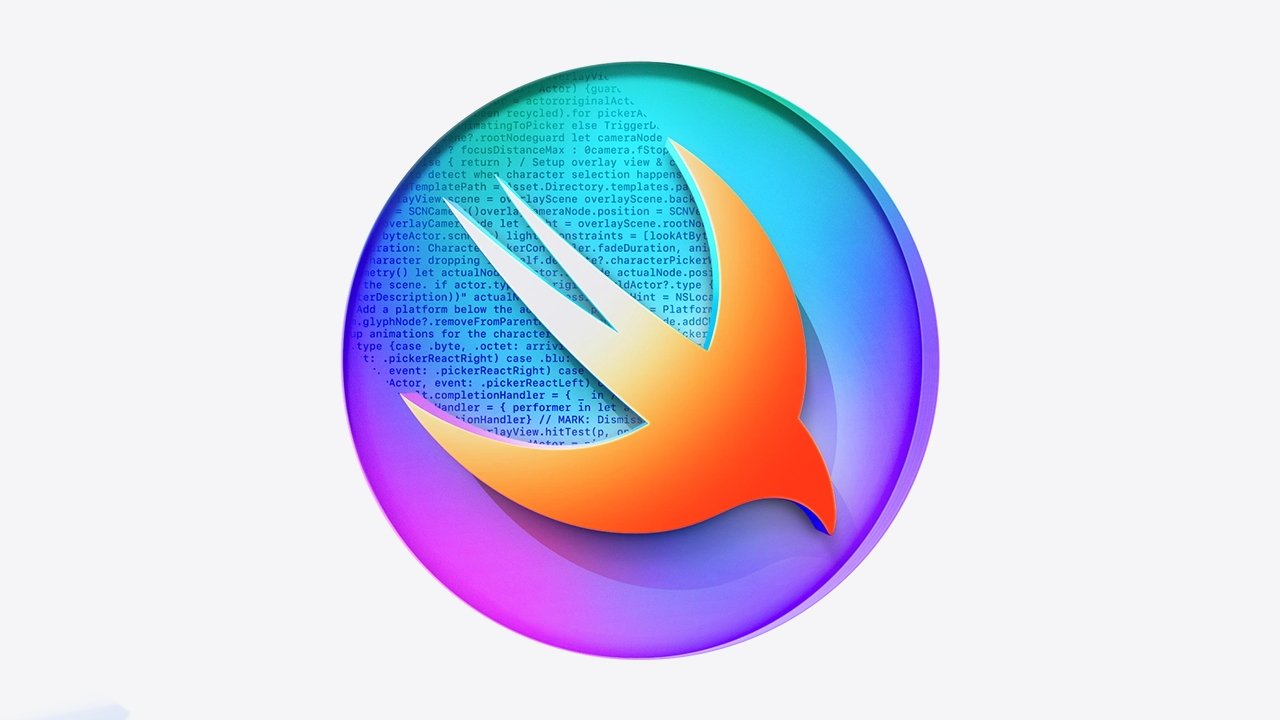 Colorful circular Swift logo showing an orange bird silhouette over blue programming code, with a vibrant gradient background of teal, purple, and pink on a light gray backdrop