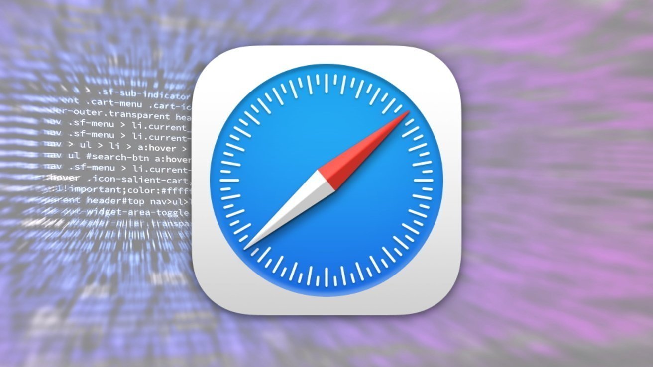 Safari web browser app icon featuring a blue compass with red and white needle on rounded white square, over blurred background of computer code and purple streaks