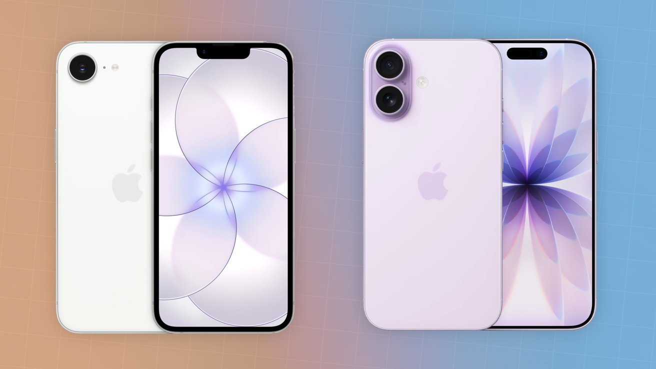 Four modern iPhones, two white and two light purple, shown front and back with minimalist floral wallpapers, against a gradient background transitioning from warm beige to cool blue tones.