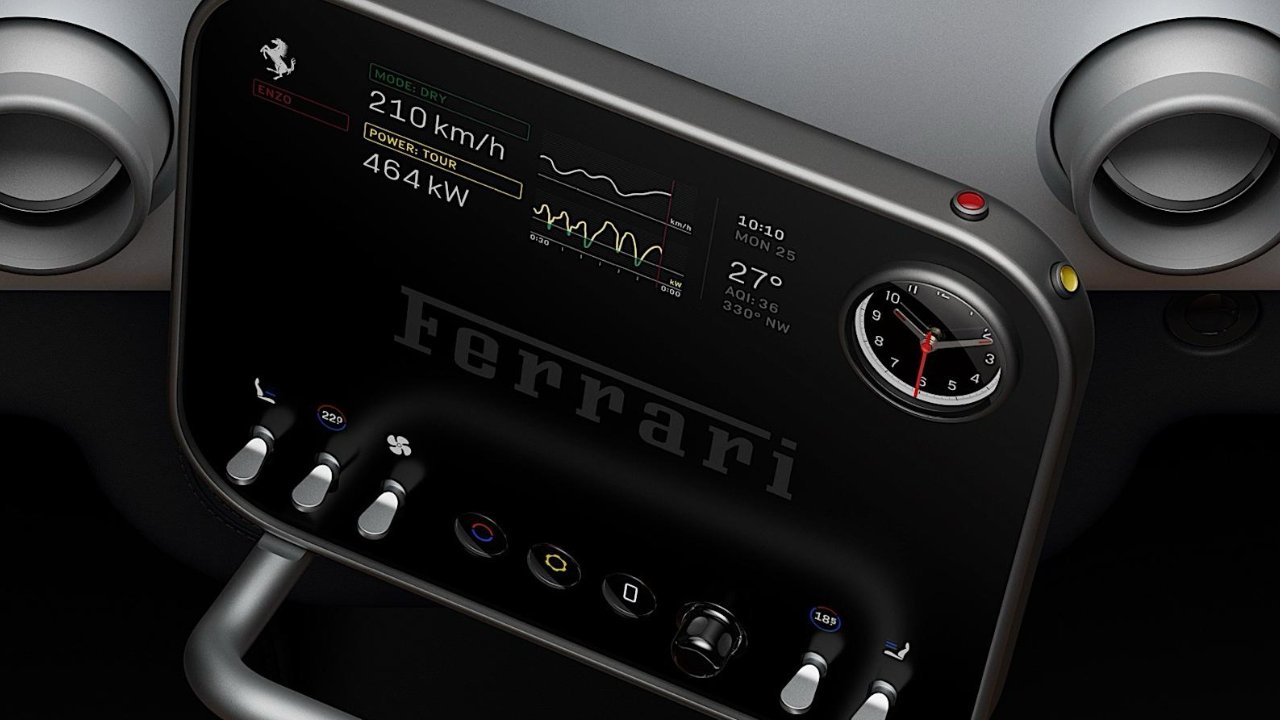 Ferrari car dashboard closeup showing digital driving data screen, analog clock, air vents, and several metallic toggle switches for climate and seat controls on a sleek black panel