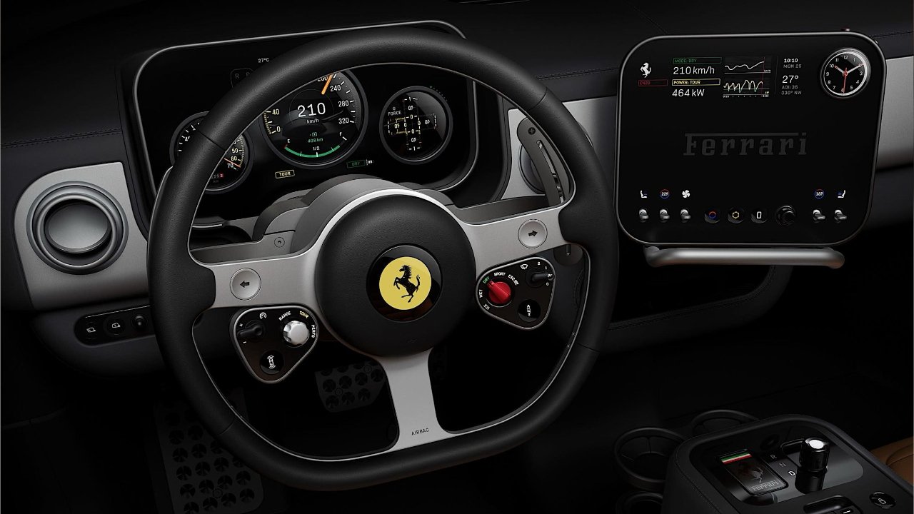 Ferrari car cockpit with sporty steering wheel, digital instrument cluster, right-side touchscreen showing speed and power, analog clock, and sleek black interior controls and vents