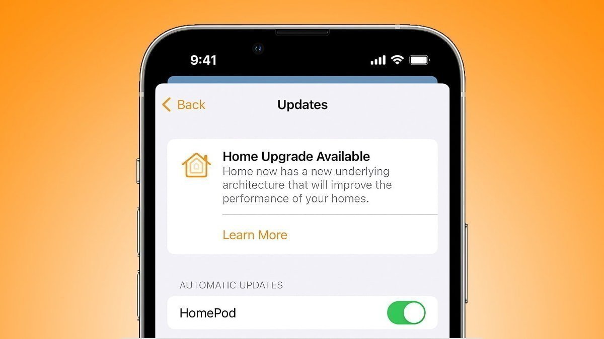 Smartphone screen showing Apple Home app Updates page, announcing Home Upgrade Available with improved architecture, Learn More link, and HomePod automatic updates toggle switched on against orange background