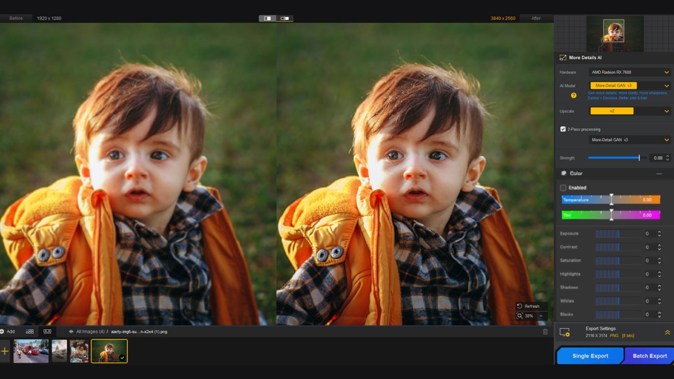 Photo editing software showing sidebyside comparison of a young child outdoors in an orange jacket and plaid shirt, with adjustment sliders and export buttons on the right panel