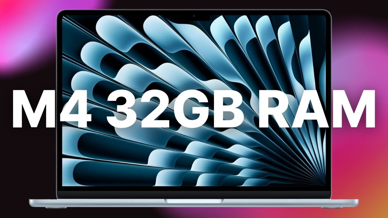 Open MacBook Air with abstract blue pattern on screen, colorful blurred background, and large white text centered across the display reading M4 32GB RAM