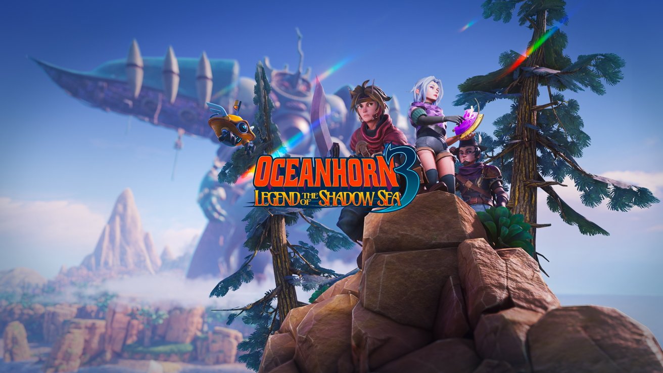 Colorful fantasy game cover showing three young adventurers with weapons on rocky cliffs, a flying robot companion, distant mountains, a giant airship, bright sky, and the title Oceanhorn 3