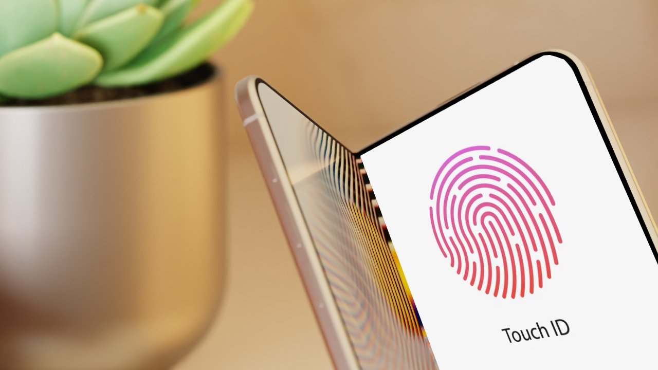 Foldable smartphone partially open displaying colorful fingerprint Touch ID screen, with a blurred potted succulent plant in the background on a warm beige surface