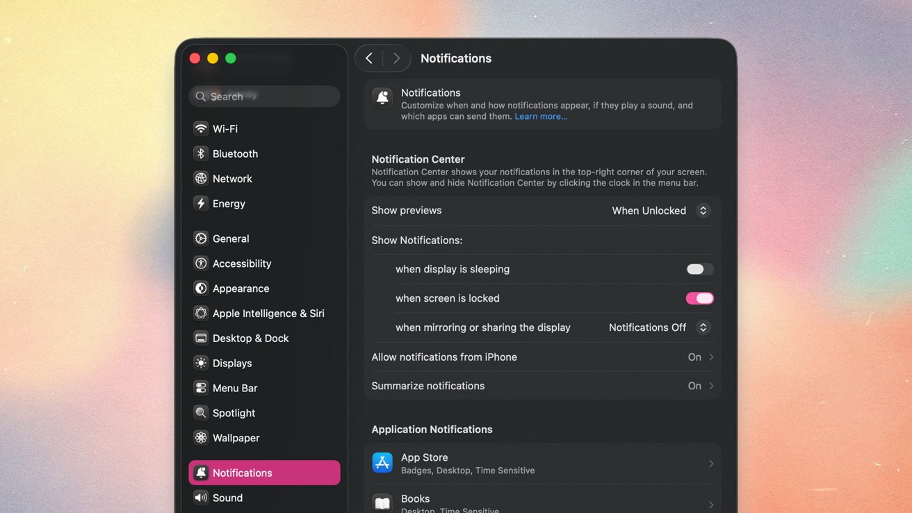 Mac settings window open to Notifications, showing options for notification previews, display and lock screen behavior, app alerts, and iPhone mirroring, against a soft pastel gradient desktop background