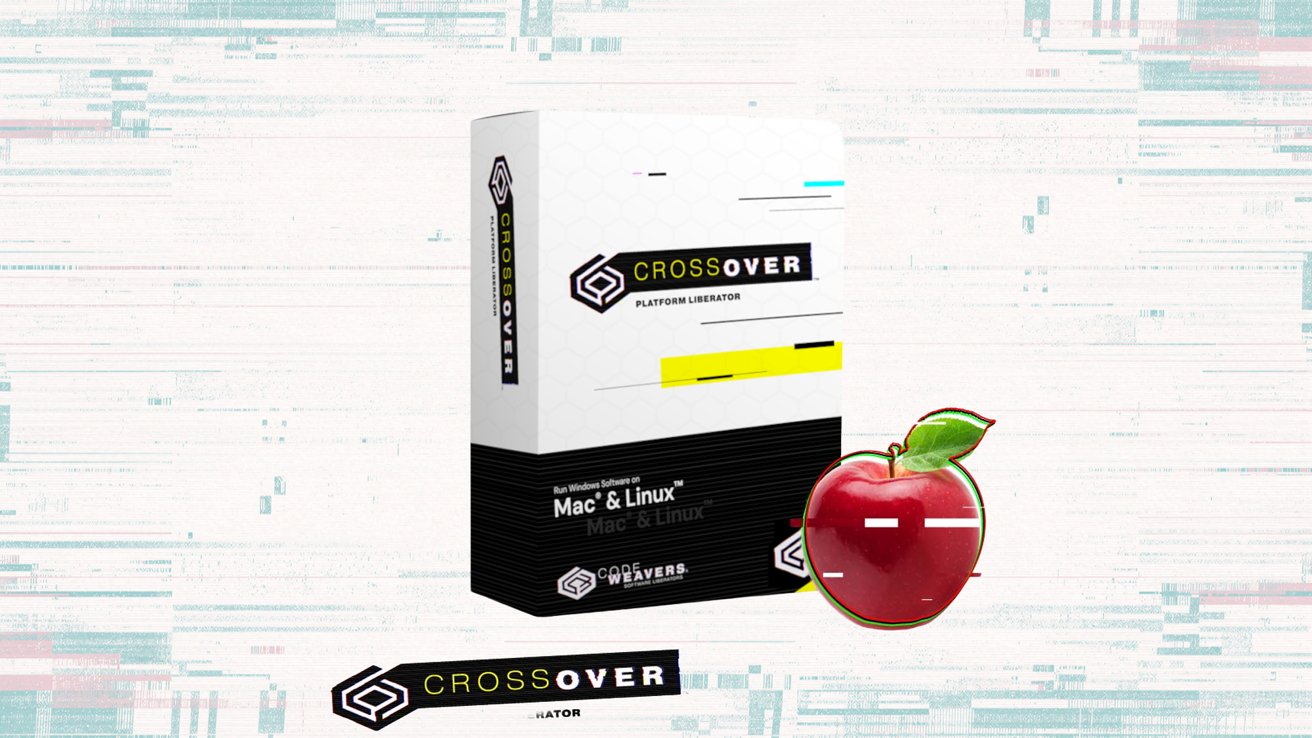 Crossover software box for Mac and Linux stands on a glitchy digital background beside a shiny red apple, suggesting compatibility between Windows applications and Apple computers