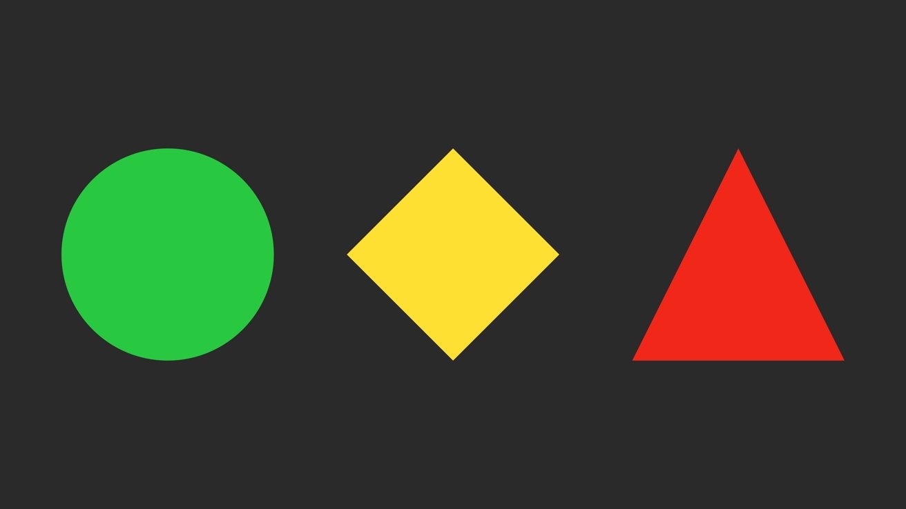 The green circle, yellow diamond, and red triangle that represents Apple's System Status symbols for Available, Issue, and Outage