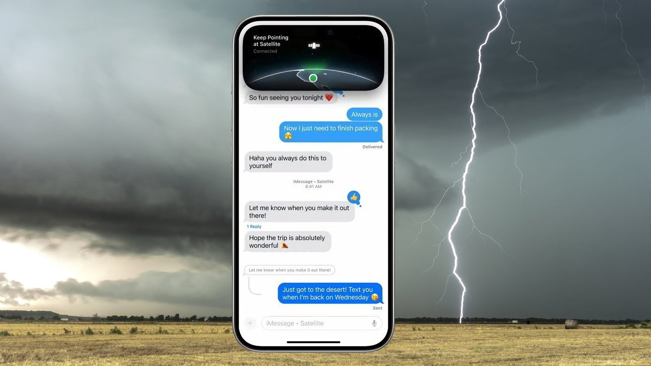 Smartphone displaying satellite-based text messages, centered over a stormy rural landscape with dark clouds and a bright lightning bolt striking an open field in the background