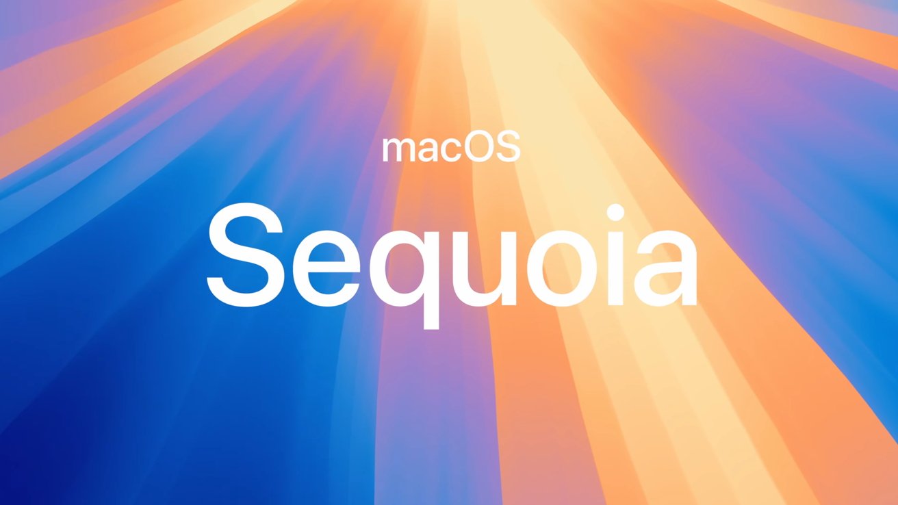 Colorful abstract background of blue and orange light rays radiating outward, with large white text reading Sequoia and smaller text above reading macOS