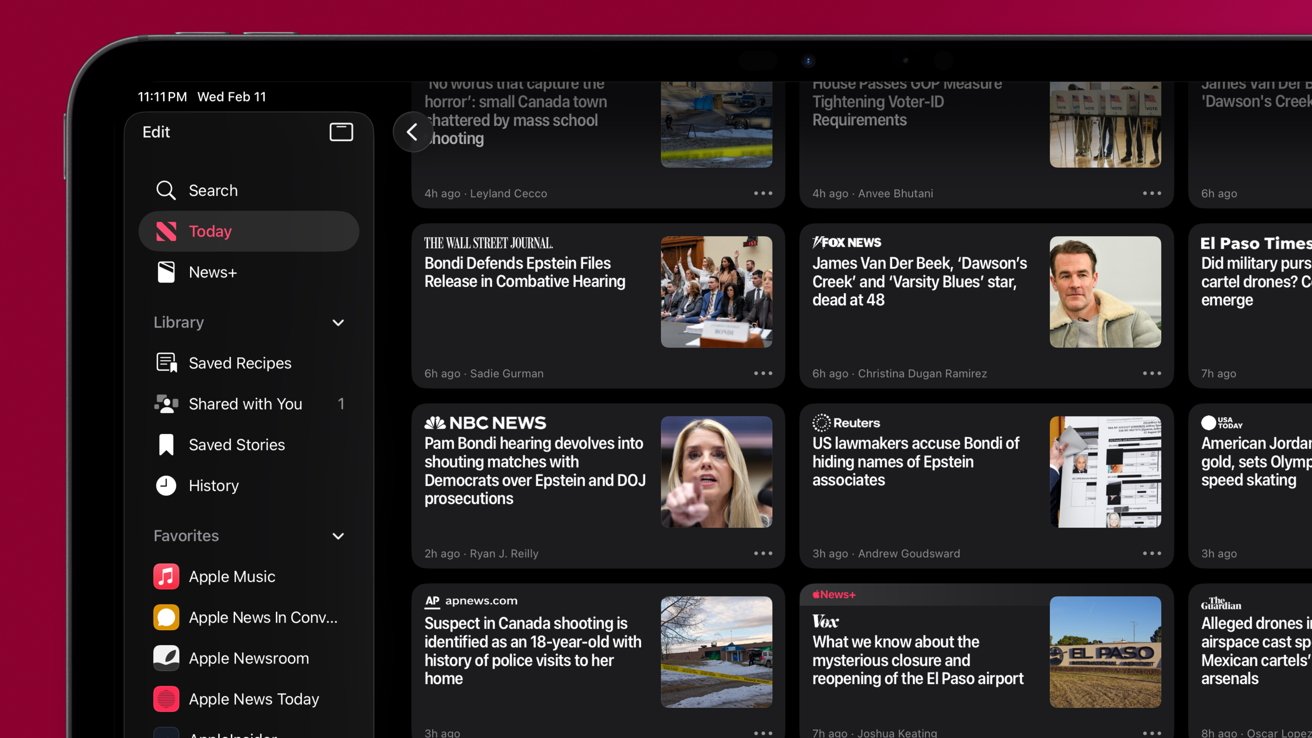 An iPad screen showing the Apple News app in dark mode, with sidebar navigation on the left and multiple news tabs with headlines and thumbnails arranged in a grid on the right