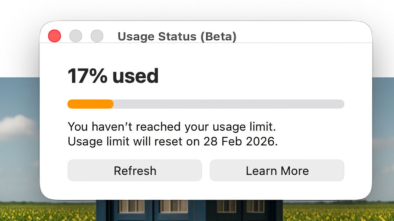 Computer dialog titled Usage Status (Beta) showing 17% used with orange progress bar, message about not reaching usage limit, reset date 28 Feb 2026, and buttons Refresh and Learn More