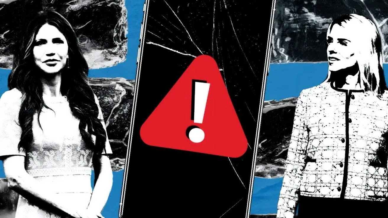 Stylized collage showing two women in blackandwhite flanking a cracked smartphone with a red warning triangle and exclamation mark, set against a blue and black abstract background