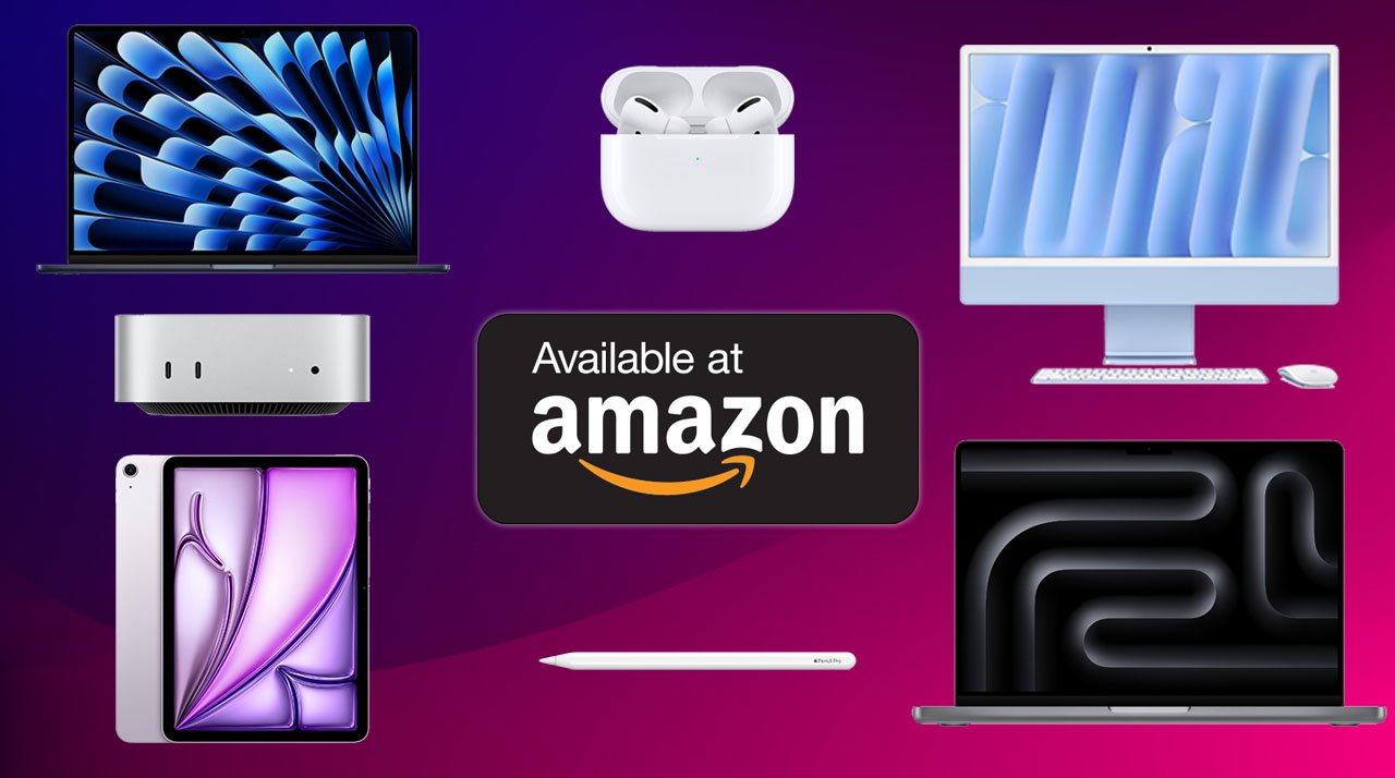 Apple devices including MacBooks, iMac, iPad, Mac mini, AirPods Pro, and Apple Pencil arranged around a central banner reading Available at Amazon on a purple gradient background