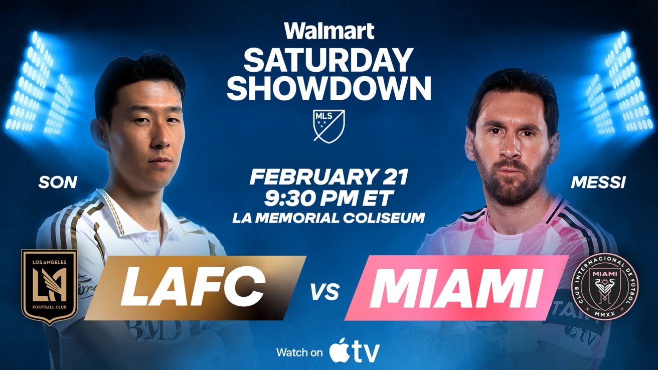 Promotional graphic for Walmart Saturday Showdown soccer match LAFC vs Miami, featuring players Son and Messi, February 21, 9:30 PM ET at LA Memorial Coliseum, watch on Apple TV