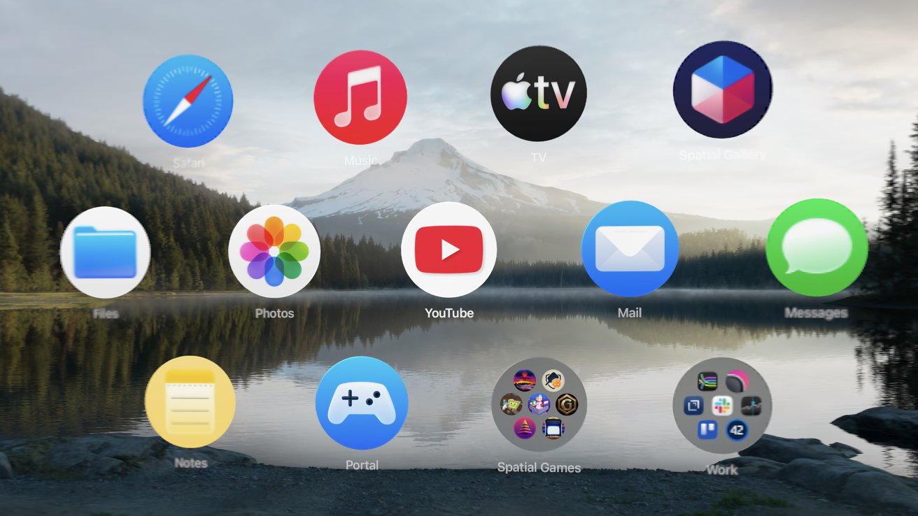 The Home View on Apple Vision Pro with the Mount Hood environment in the background, the YouTube app prominent in the center of other apps