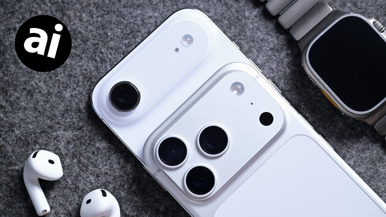 Close-up of two white smartphones showing camera bumps, with wireless earbuds and a silver smartwatch on a gray fabric surface, plus a circular black logo with lowercase letters ai
