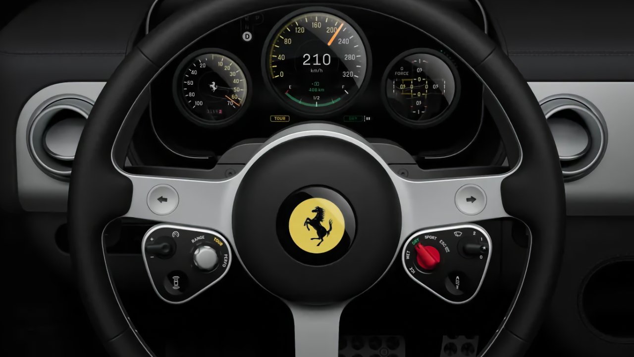 Close-up of a Ferrari steering wheel with prancing horse logo, digital speedometer reading 210 km/h, side gauges, control knobs, and paddle shifters in a modern sports car cockpit
