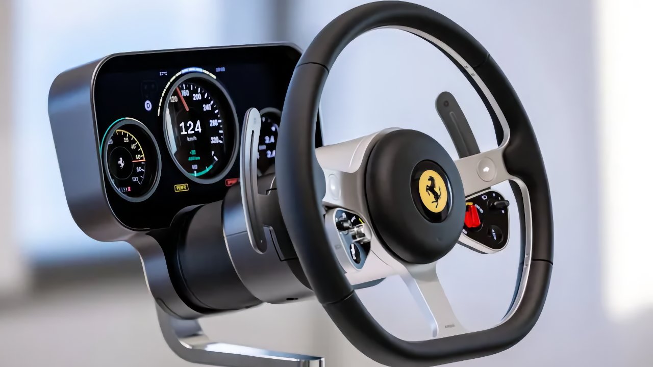 A close-up of a modern Ferrari racing simulator setup with a black steering wheel, paddle shifters and a digital dashboard displaying a speedometer, tachometer and other colorful driving gauges.