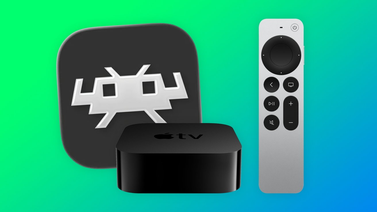 Apple TV box and silver remote alongside a black RetroArch logo on a bluegreen gradient background, suggesting gaming or emulation on Apple TV