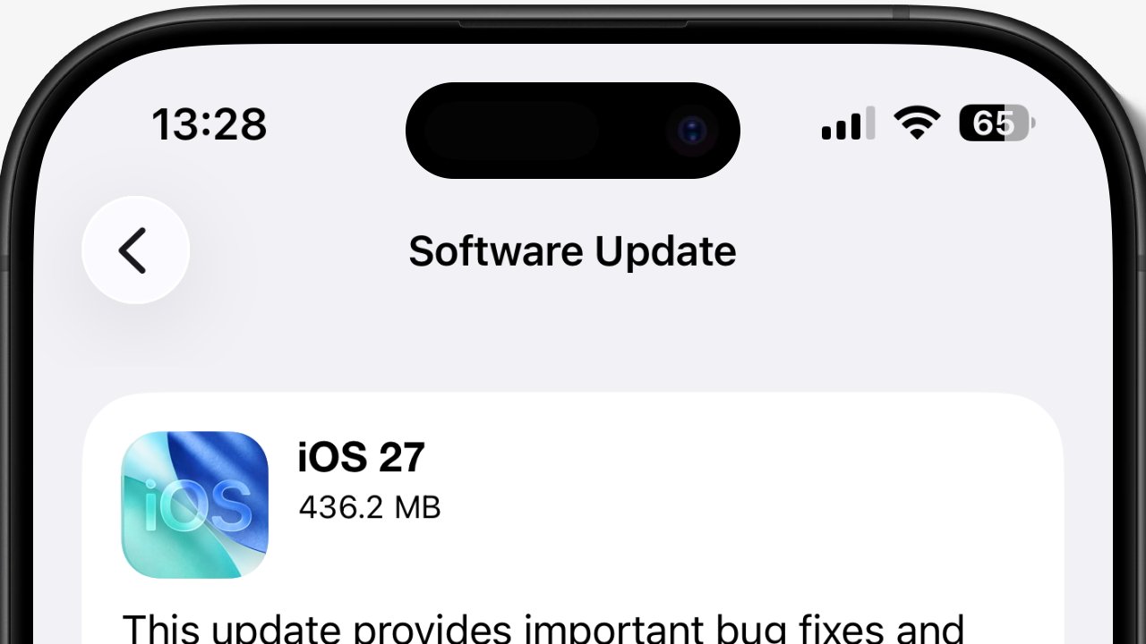 iPhone screen showing Software Update page, displaying iOS 27 update available, size 436.2 MB, with status bar time 13:28, signal, WiFi, and 65 percent battery