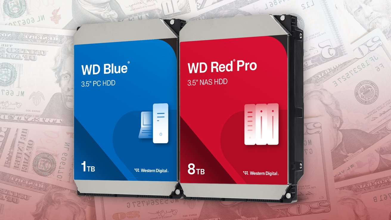 Two Western Digital 3.5 inch hard drives, WD Blue 1TB PC HDD and WD Red Pro 8TB NAS HDD, standing upright against a faded background of overlapping US dollar bills